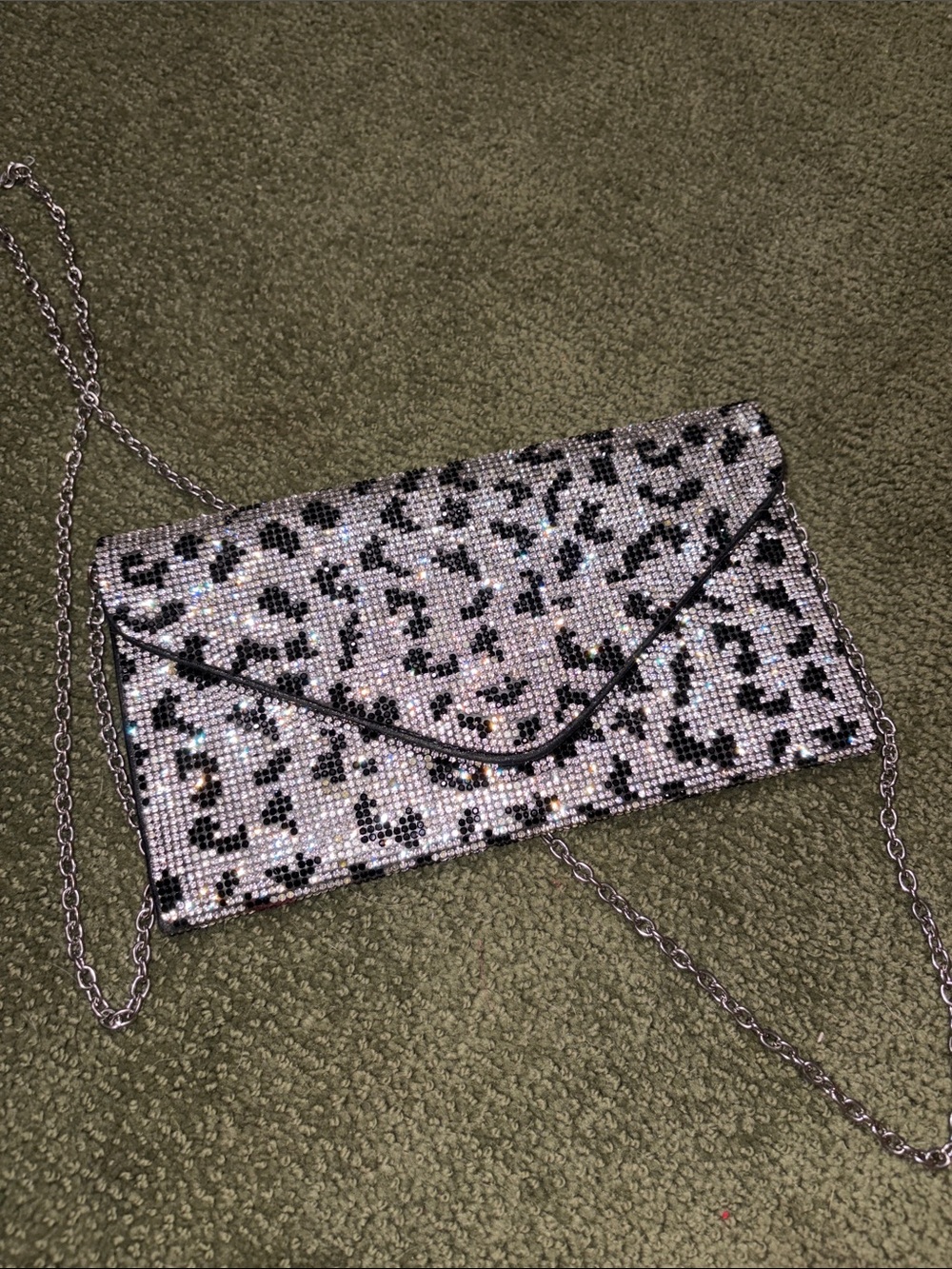 Crystal Leopard Envelope rhinestone Crossbody Clutch - Silver and Black